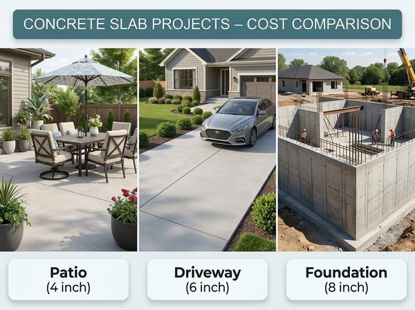 Comparison of concrete slab project types: patio, driveway, and foundation