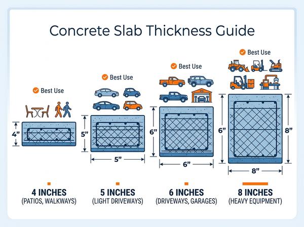Concrete slab thickness comparison diagram showing 4, 5, 6, and 8 inch slabs